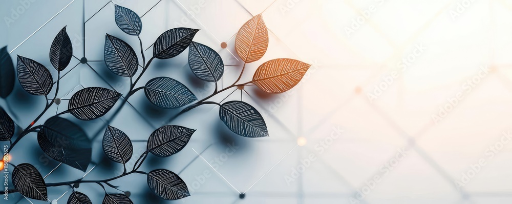 Aufkleber Plane tree abstract background idea. Stylish abstract design of leaves blending with geometric patterns and soft colors.