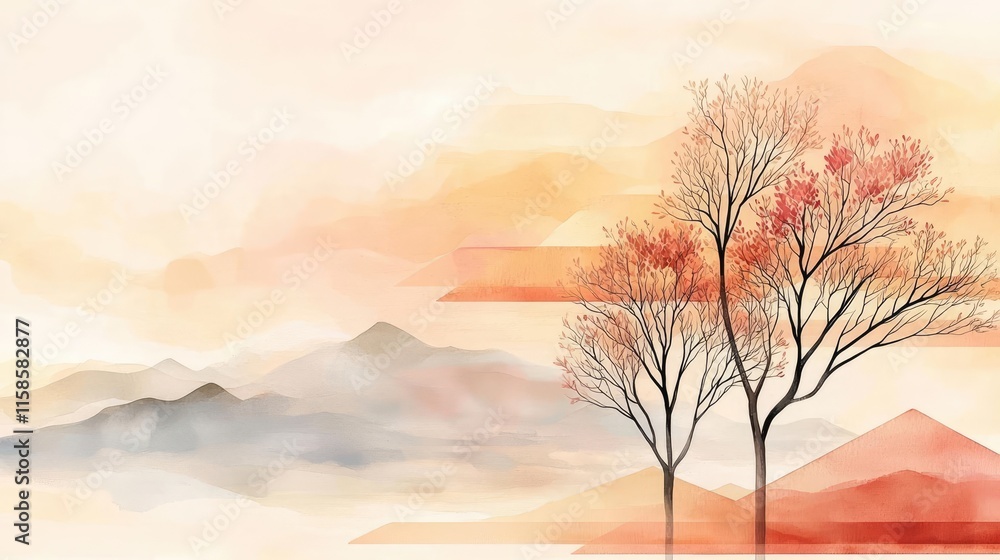 Poster Plane tree abstract background idea. A serene landscape with abstract trees and mountains in soft autumn hues.