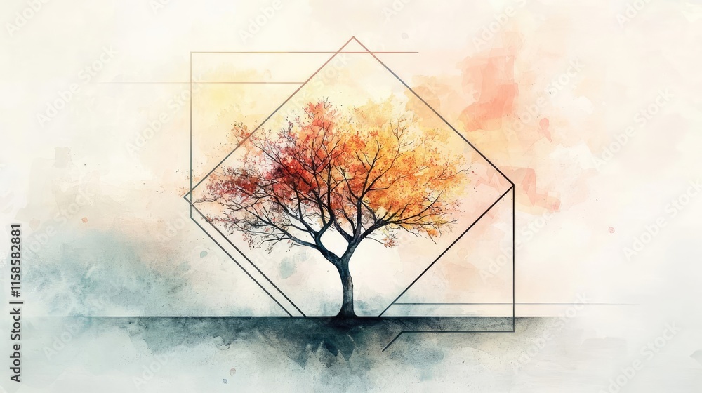 Poster plane tree abstract background idea. a vibrant tree with colorful leaves stands out against a soft, 