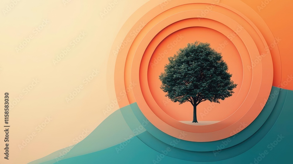 Aufkleber Plane tree abstract background idea. Stylized tree design with layered circular elements in warm colors on a soft background.
