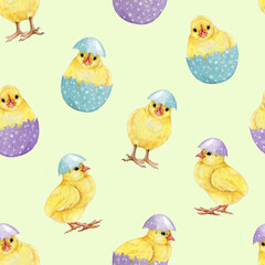 Easter mood funny cute yellow chicks with pastel color painted eggs seamless pattern. Hand drawn vintage style watercolor illustration. Perfect for Easter festive decoration and spring crafts