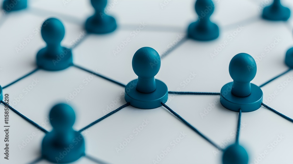 Aufkleber conceptual representation of social network with blue tokens connected by strings in a creative layo