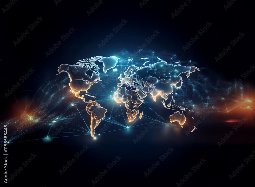 Poster a glowing, interconnected world map, depicted with lines of light representing global networks and d