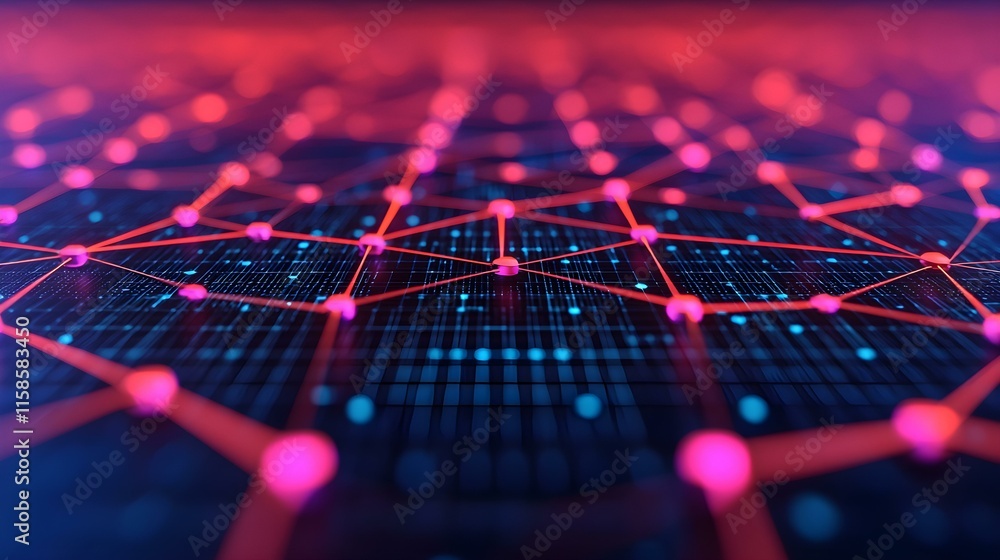 Poster abstract digital network visualization with bright nodes and colorful connections in a futuristic st
