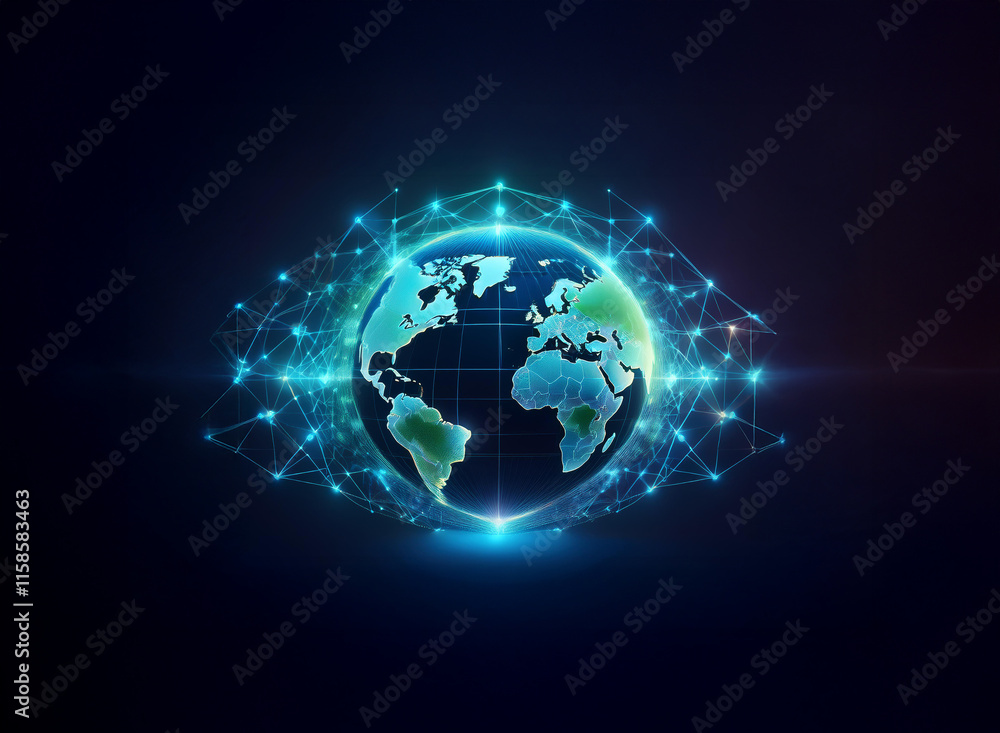 Poster a glowing digital earth encircled by a network of interconnected nodes, symbolizing global connectiv