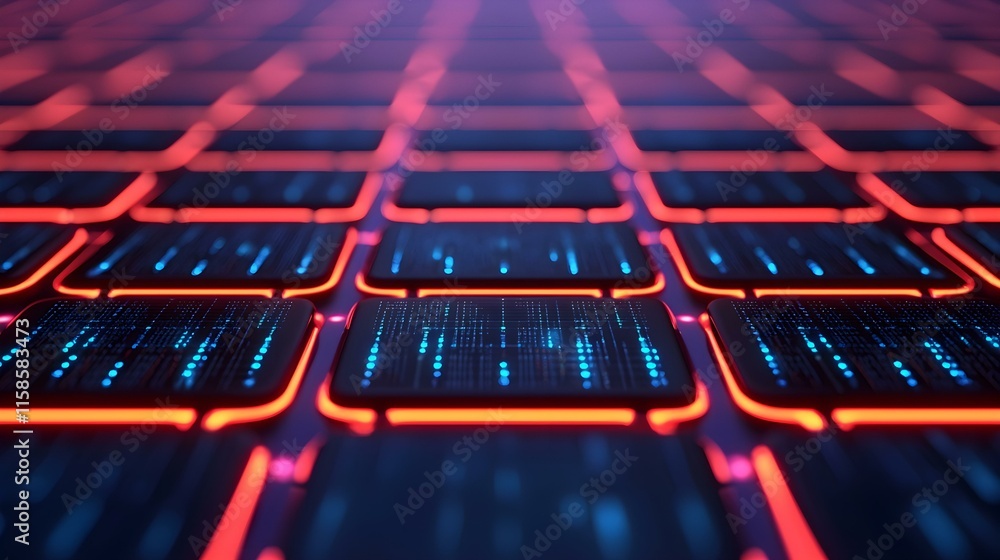 Poster futuristic digital grid with neon lights and data connections in a technology background