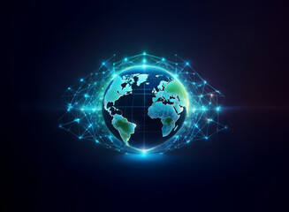A glowing digital Earth encircled by a network of interconnected nodes, symbolizing global connectivity and data flow.  The dark background enhances the futuristic feel.