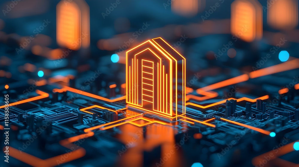 Poster abstract of a glowing house icon on a circuit board, representing smart home technology and digital 