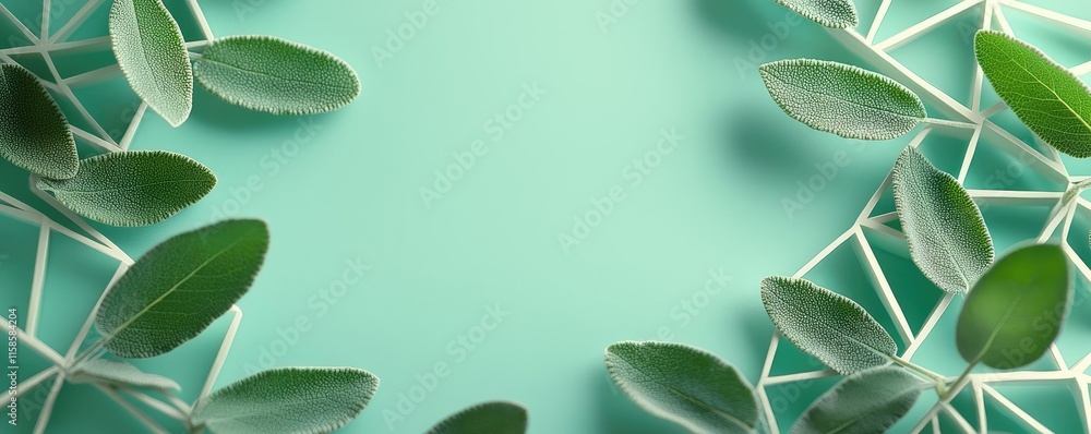 Poster Sage leaves abstract background concept. Fresh green leaves arranged on a soft pastel background for a calming visual effect.