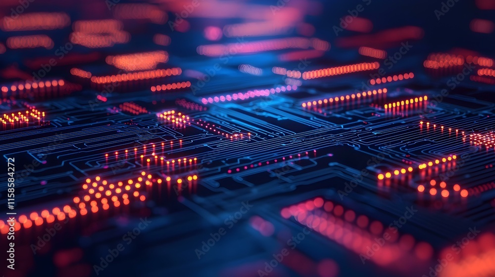 Aufkleber abstract technology background with glowing circuits and neon lights in dark setting