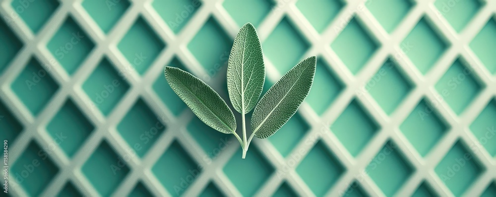 Poster sage leaves abstract background concept. close-up of fresh green leaves on a textured teal backgroun