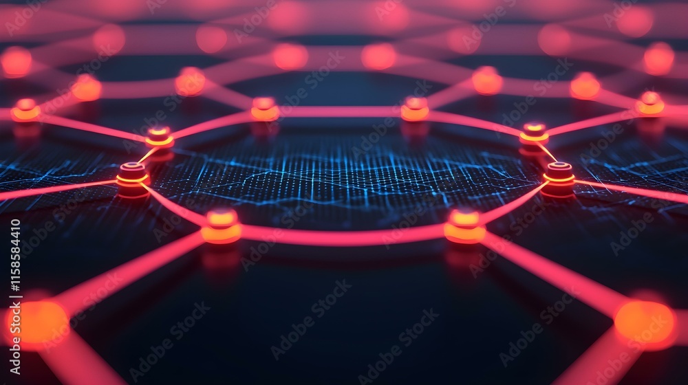Poster abstract digital network design with nodes and connections in neon colors for technology and communi