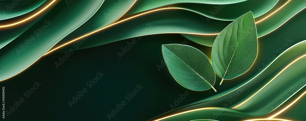 Poster sage leaves abstract background concept. elegant green leaves against a dark backdrop creating a ser
