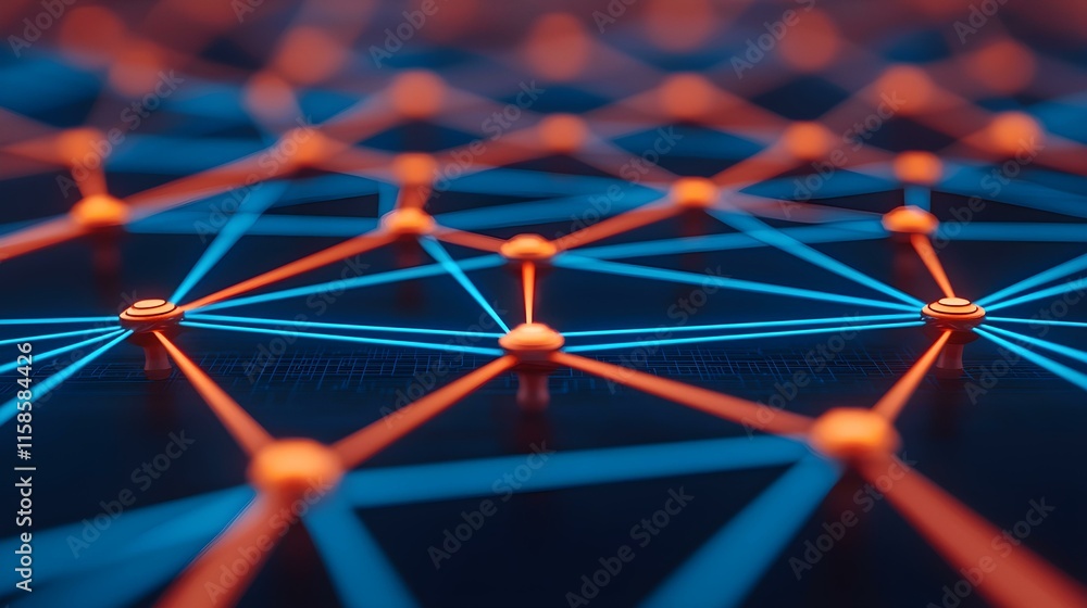 Poster abstract network connection with blue and orange nodes in a futuristic digital environment