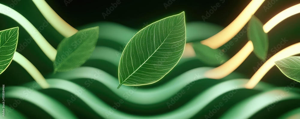 Poster Sage leaves abstract background concept. Green leaves gracefully float above gentle waves of light, symbolizing nature's beauty.