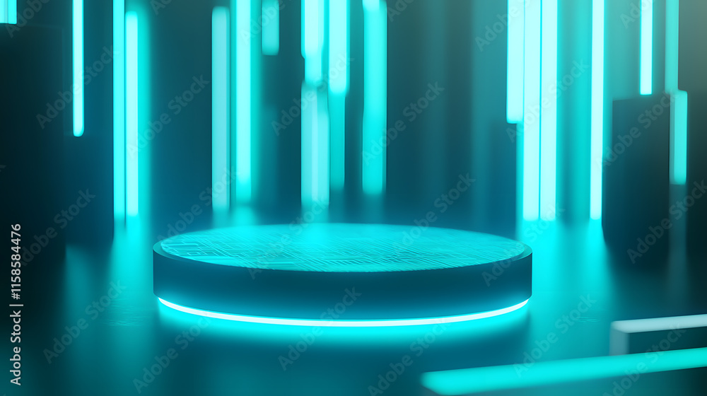 Poster dynamic neon light display modern studio digital art futuristic environment aerial view technology c