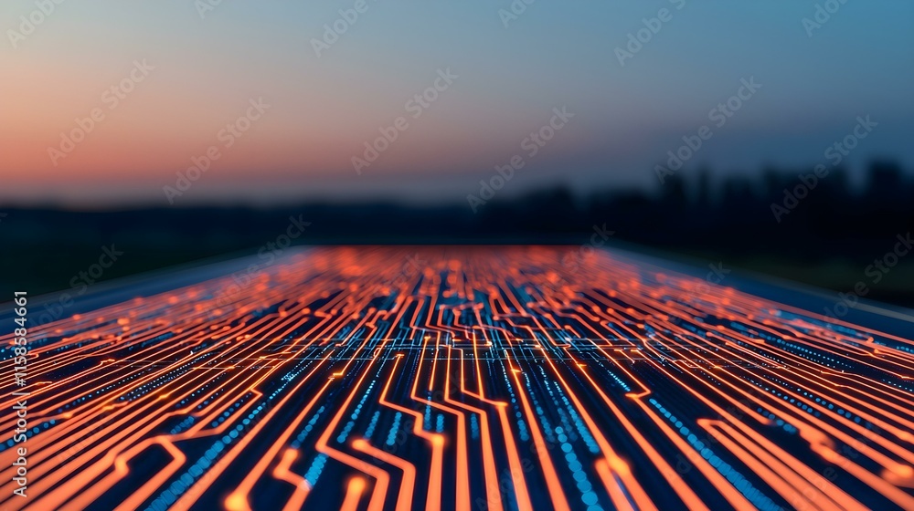 Poster abstract electronic circuit design with glowing lines against a sunset backdrop showcasing technolog