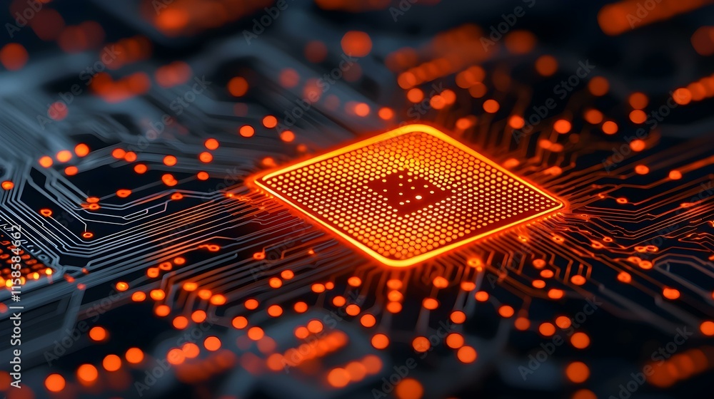 Poster close-up view of a glowing microchip on a circuit board with radiating connections and neon lights