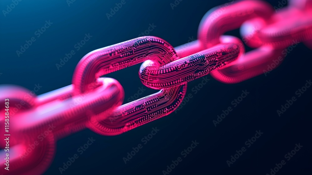 Poster digital chain link glowing in vibrant pink with circuit patterns conveying technology, connection, a