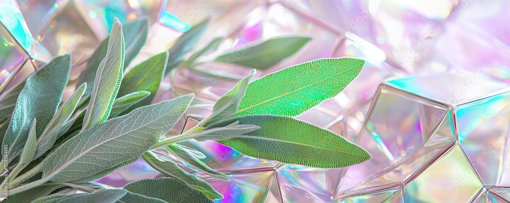 Poster Sage leaves abstract background concept. A vibrant green leaf rests on a shimmering iridescent surface, creating a fresh atmosphere.