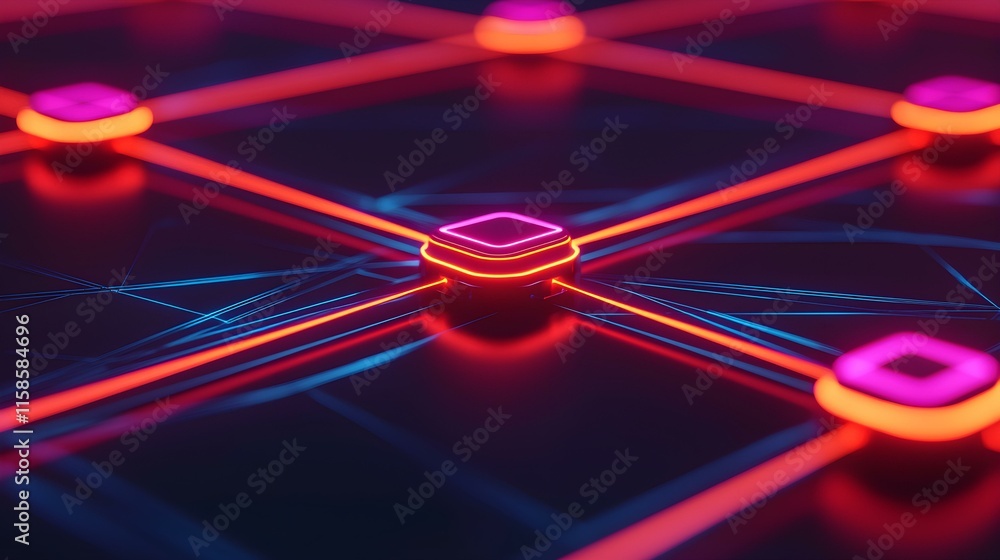 Poster futuristic network design with neon lights and geometric shapes in abstract technology background