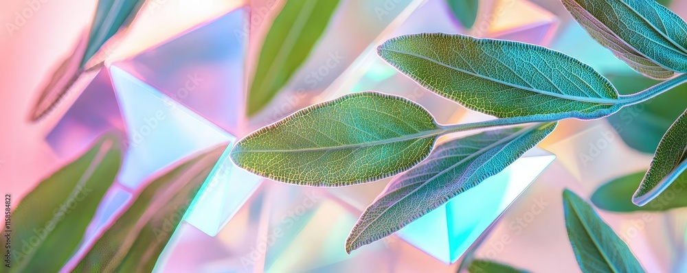 Poster sage leaves abstract background concept. vibrant green leaves blend with colorful prisms, creating a