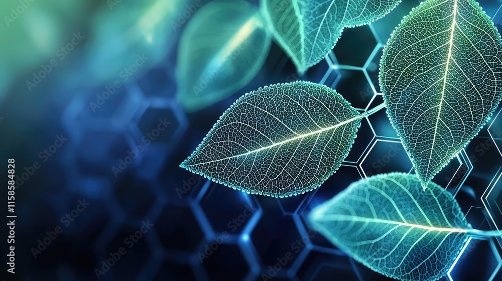 Poster sage leaves abstract background concept. close-up of digital leaves with glowing outlines against a 