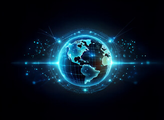 Obraz premium A glowing blue digital globe, encased in a futuristic grid, represents global network connectivity and data flow. Bright light streaks emanate from its core.