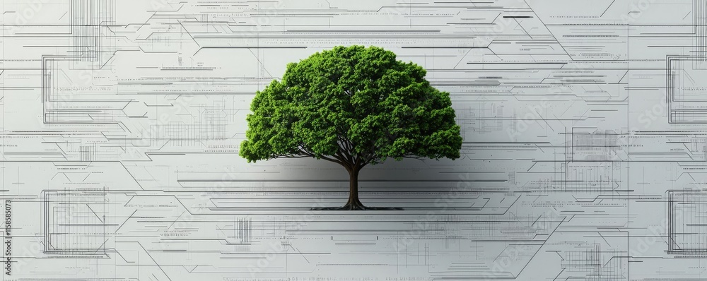 Poster Plane tree abstract background idea. A vibrant green tree against a textured background symbolizes growth and resilience.
