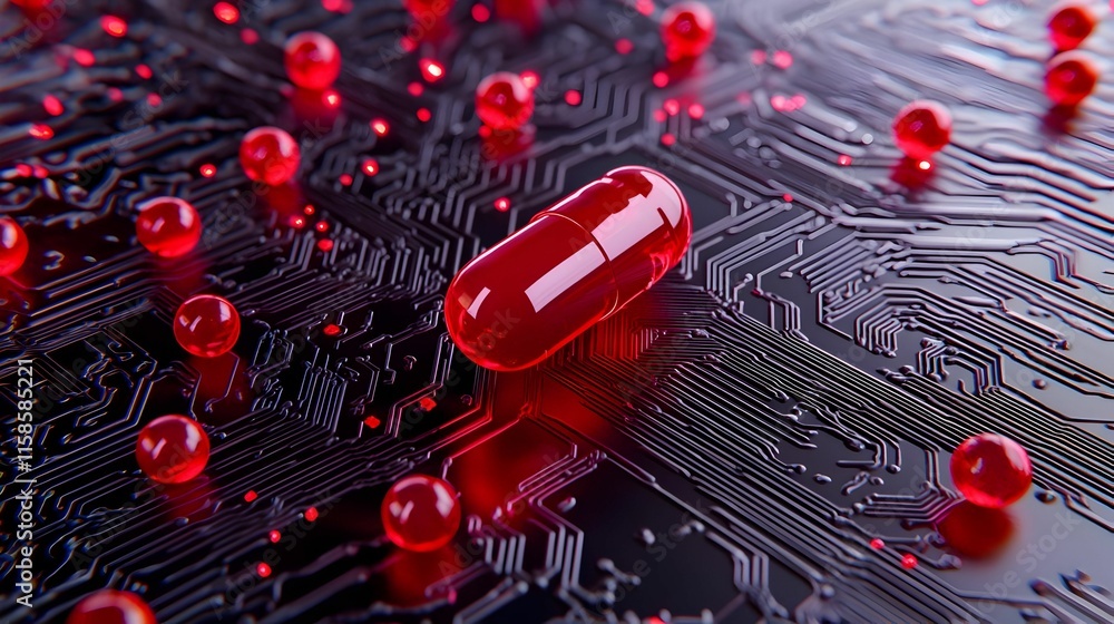 Poster digital red pill on a network grid, a striking visual representing choice and awakening within a com