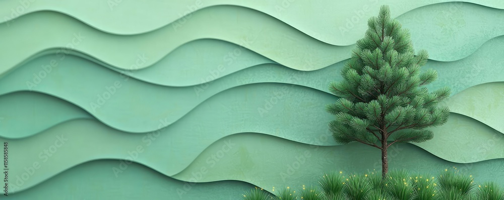 Poster pine tree abstract background idea. a serene green wall with textured waves and a lush green tree fo