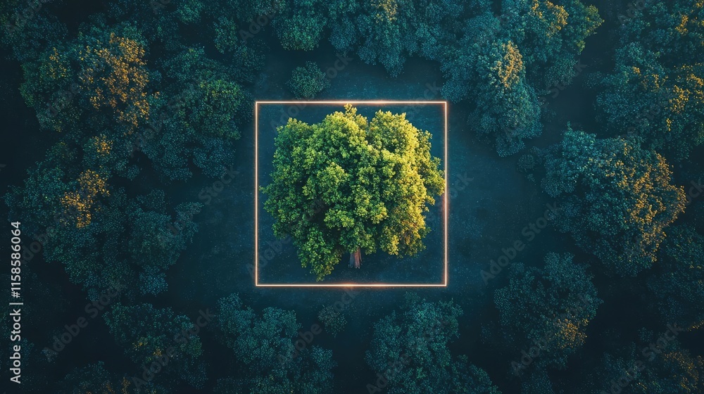 Poster Plane tree abstract background idea. Aerial view of a vibrant green tree in a lush forest environment.