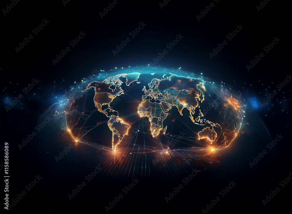 Poster a glowing, interconnected world map depicted in a futuristic, digital style. lines of light connect 