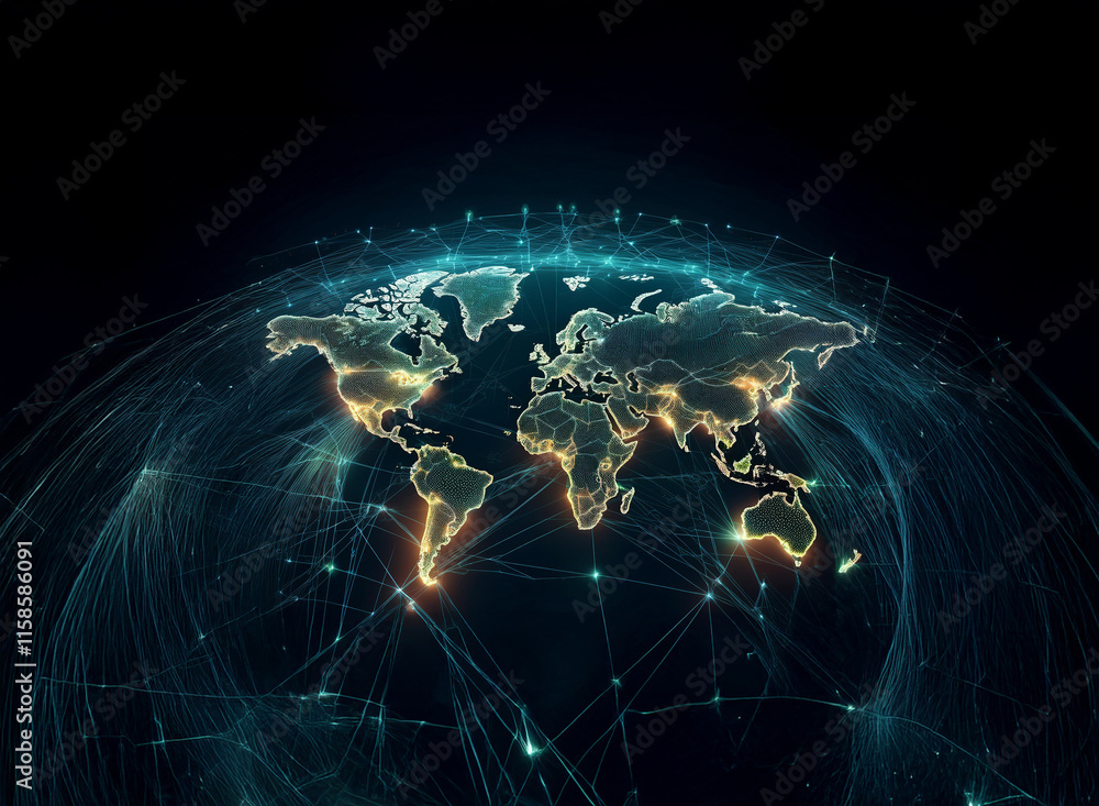 Poster a glowing digital world map showcases global interconnectedness, highlighting continents and data st