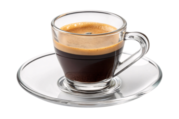 A glass espresso cup displays layers of rich crema and dark coffee, accompanied by a matching saucer for a refined presentation, isolated on a transparent background
