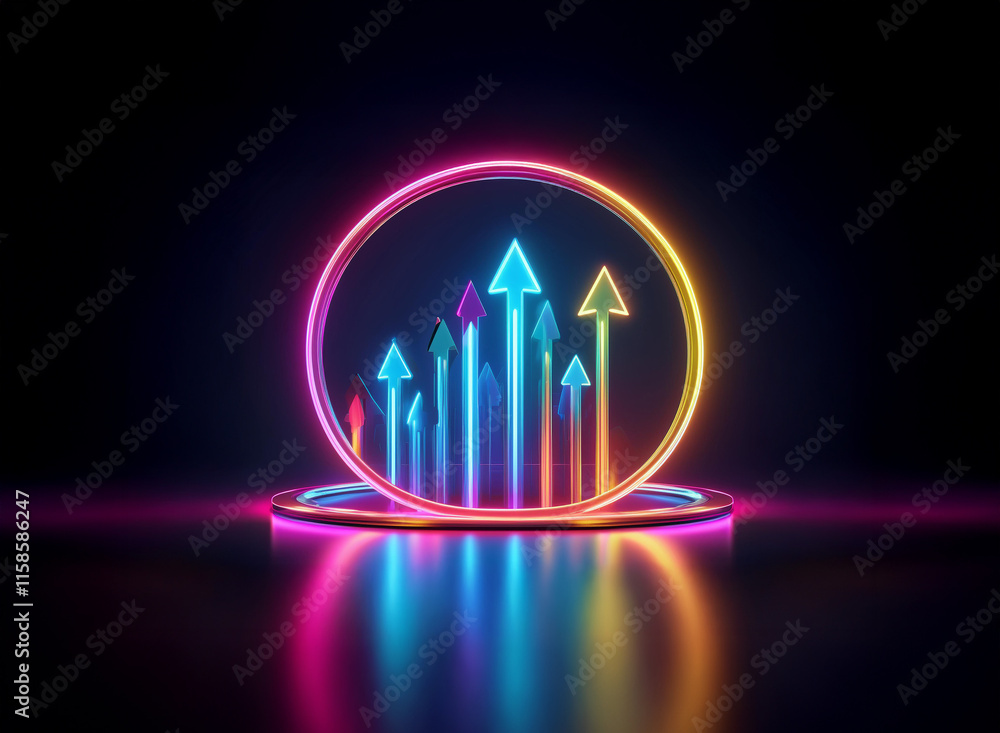 Poster vibrant neon arrows ascend within a glowing circular frame, symbolizing growth and progress on a ref
