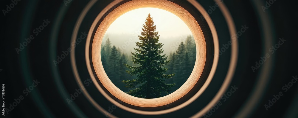 Poster Pine tree abstract background idea. A tranquil view of a pine tree framed by a circular aperture in a misty landscape.