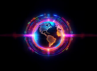 A vibrant, glowing Earth encircled by colorful, pulsating rings of light against a dark background.  The image evokes feelings of technology, connection, and global energy.