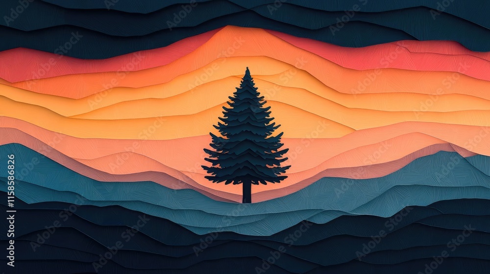 Poster Pine tree abstract background idea. Vibrant layered landscape with a silhouette of a pine tree against a colorful sunset.