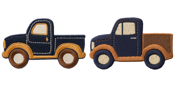 Two stylized, embroidered trucks side by side, showcasing distinct designs with contrasting colors and details.