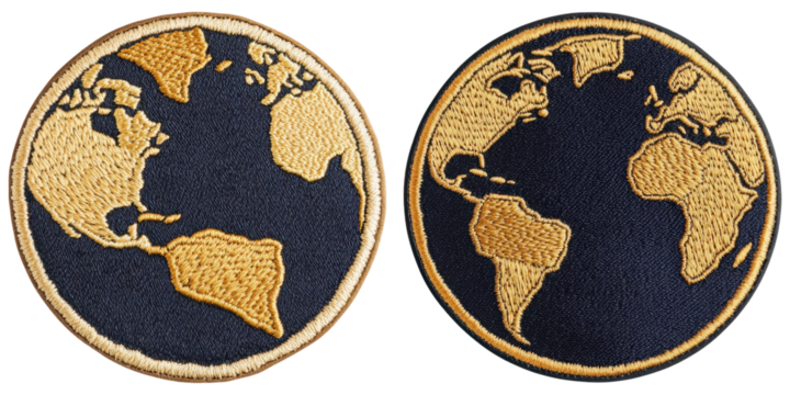 Two circular patches featuring an embroidered world map design in gold and blue. - Powered by Adobe