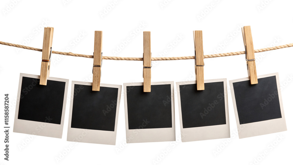 Aufkleber a row of five polaroid frames pinned on a rope with clothespins, showcasing simplicity and an antici