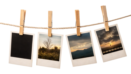 A rustic string with four Polaroids, three showing scenic landscapes trees, mountains, and sunset capturing a poetic sense of time and place, isolated on a transparent background