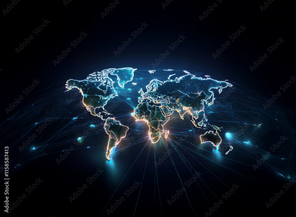Poster a glowing, digital world map pulsates with light, showcasing global interconnectedness and data flow