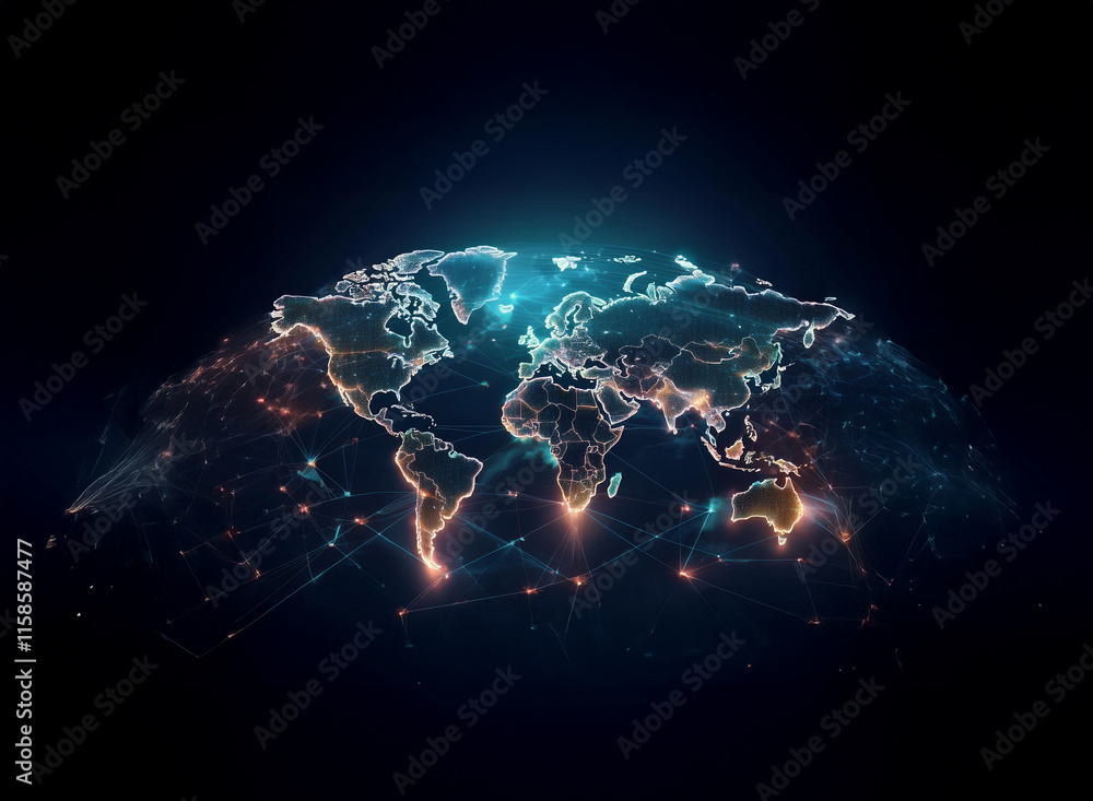 Poster a stylized world map rendered in glowing, interconnected nodes and lines against a dark background. 