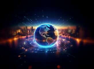 A vibrant, glowing digital Earth hovers above a futuristic cityscape, radiating energy and connectivity.  Lines of light stream outwards, symbolizing global communication and technological advancement