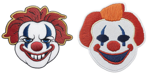 Fototapeta premium Two clown patches featuring distinct facial expressions, one grinning mischievously and the other smiling cheerfully, showcasing colorful details.