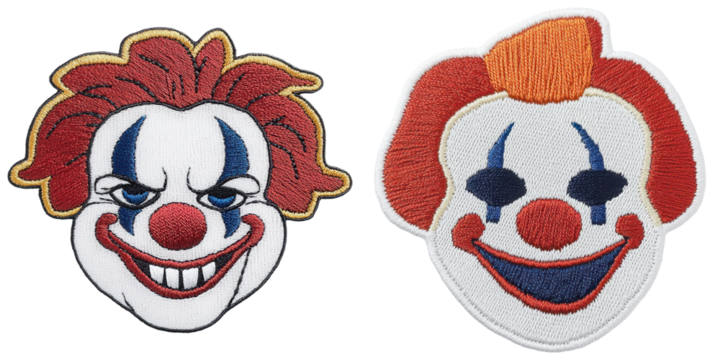 Two clown patches featuring distinct facial expressions, one grinning mischievously and the other smiling cheerfully, showcasing colorful details.