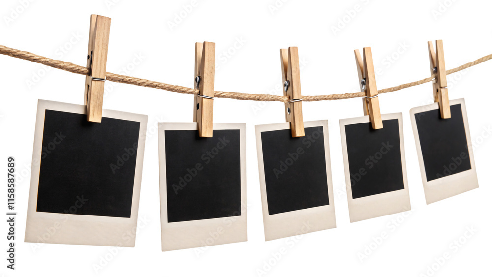 Aufkleber five blank polaroid frames clipped to a string with wooden pins, creating a nostalgic and creative d