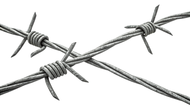 Two intersecting strands of barbed wire, their metallic sheen highlighting sharp spines and coiled knots, isolated on a transparent background
